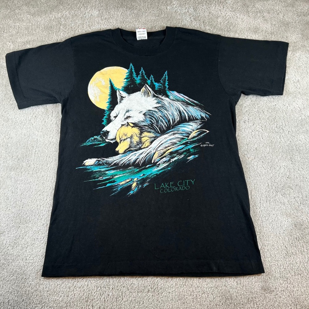 Vintage Fruit of the Loom Graphic Tee Mens M Black 1991 Wolf Lake City Colorado